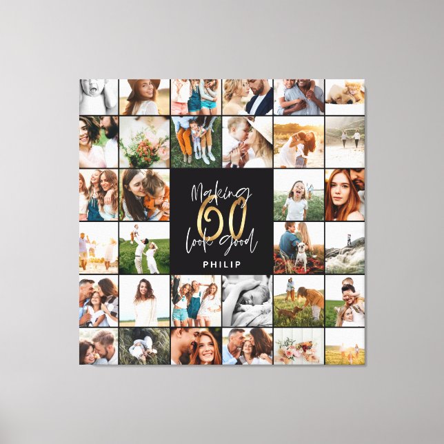 Modern 60th birthday multi photo script gift canvas print (Front)