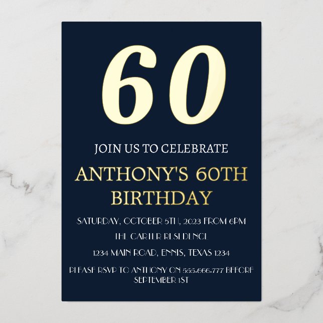 Modern 60th Birthday Navy Blue Gold Foil QR Code  (Front)