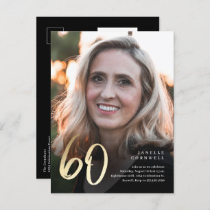 Modern 60th Birthday Photo Black & Gold Script Invitation Postcard