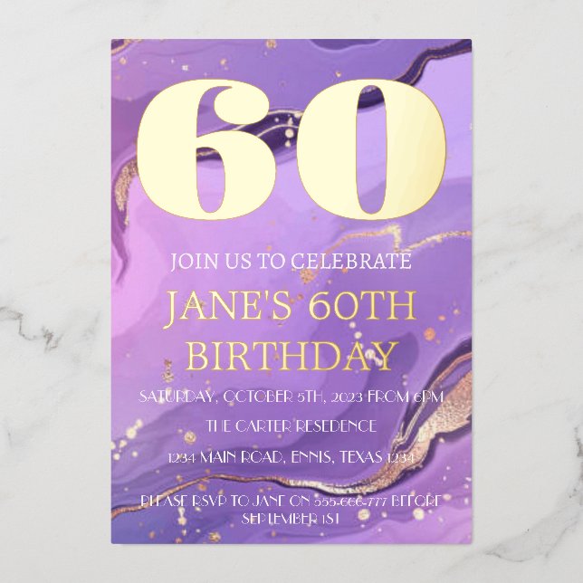 Modern 60th Birthday Purple Gold Foil QR Code  (Front)
