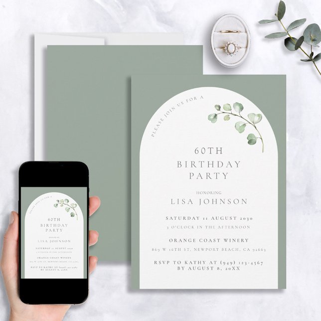 Modern 60th Birthday Sage Green Arch Botanical Invitation (Creator Uploaded)