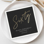 Modern 60th birthday simple stylish elegant napkin<br><div class="desc">Modern 60th birthday simple stylish elegant party napkin features stylish faux gold foil number handwritten script Sixty and your party details in classic serif font on black background colour, simple and elegant, great surprise adult milestone party decor for men and women. The black background colour can be changed to any...</div>