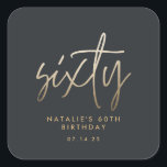 Modern 60th birthday simple stylish elegant script square sticker<br><div class="desc">Modern 60th birthday simple stylish elegant gold script 60th birthday design. Part of a collection.</div>