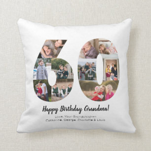 Modern 60th Number Photo Collage Custom Greeting Throw Pillow