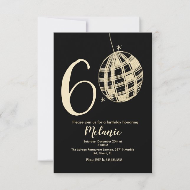 Modern 60th Script Bold Black Disco Glitter  Invitation (Front)