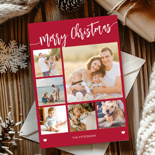 Modern 6 photo collage Merry Christmas red white Holiday Card