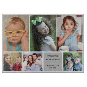 Modern 6 Photo Collage Quote Gray Family Name Cutting Board