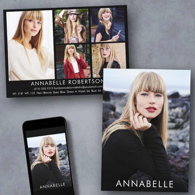 Modern 6 Photo Fashion Modelling Model Comp Card (Customize to change background color, text size or text style. Available for prints and download.)