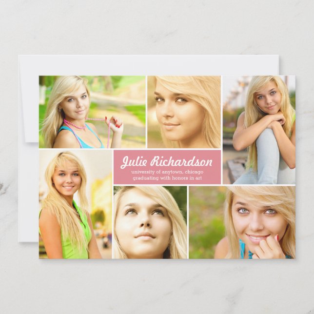 Modern 6 Photo Graduation Announcement in Pink (Front)