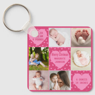 Modern 6 photo pink Baby Girl Birth Announcement Keychain