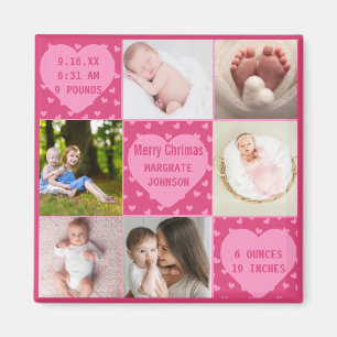 Modern 6 photo pink Baby Girl Birth Announcement Magnet