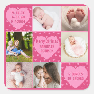 Modern 6 photo pink Baby Girl Birth Announcement Square Sticker
