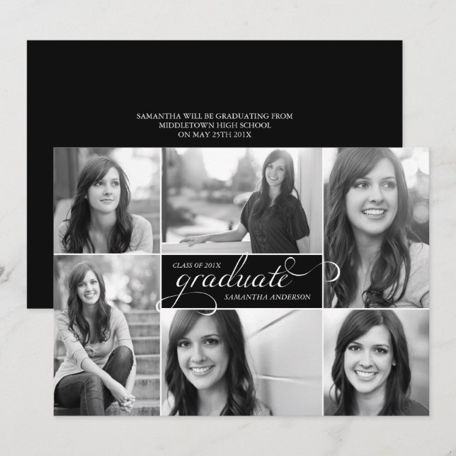 Modern 6 Photo Script Graduation Invite - Black (Front/Back)