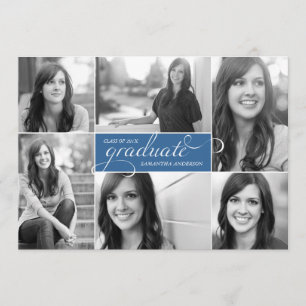 Modern 6 Photo Script Graduation Invite - Blue