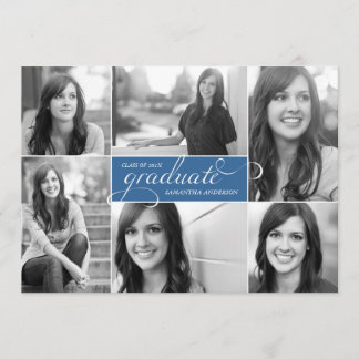 Modern 6 Photo Script Graduation Invite - Blue