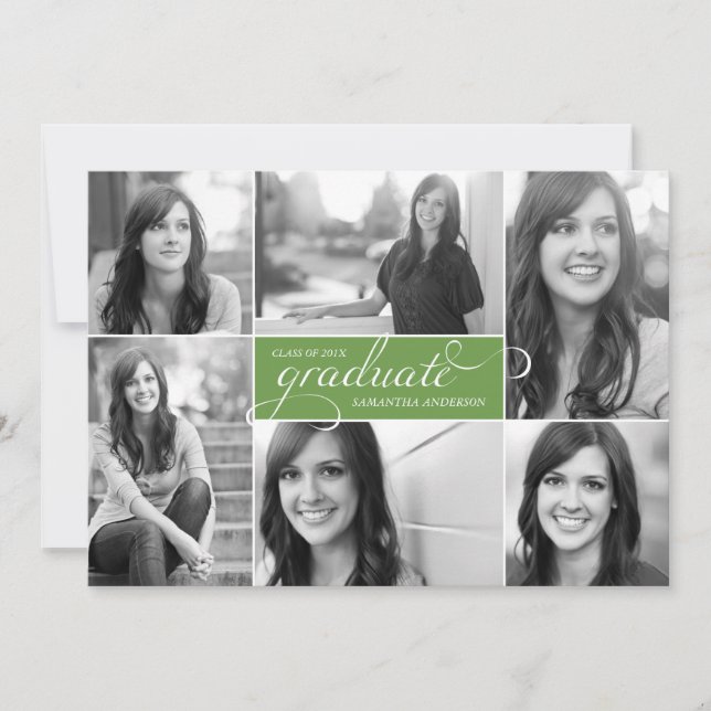 Modern 6 Photo Script Graduation Invite Green (Front)