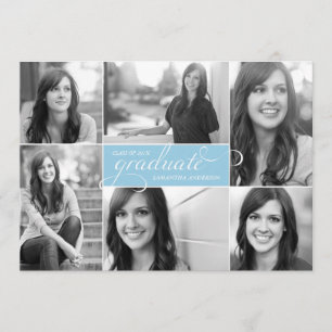 Modern 6 Photo Script Graduation Invite Light Blue
