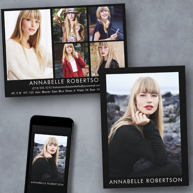 Modern 6 Photos Model and Actor Comp Card (Customize to change background color, text size or text style. Available for prints and download.)