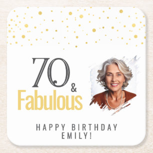 Modern 70 and Fabulous Birthday Photo Square Paper Coaster