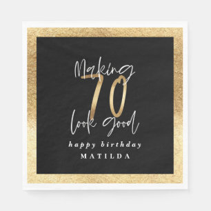 Modern 70 black and gold typography birthday party napkin