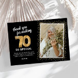 Modern 70th Adult Birthday Photo Thank You Card<br><div class="desc">Elegant seventieth birthday party thank you cards featuring a stylish black background that can be changed to any colour,  a photo of the birthday girl / boy,  gold sparkly glitter,  seventy gold hellium balloons,  and a modern thank you template that is easy to personalize.</div>