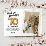 Modern 70th Adult Birthday Photo Thank You Card<br><div class="desc">Elegant seventieth birthday party thank you cards featuring a simple white background that can be changed to any colour,  a photo of the birthday girl / boy,  gold sparkly glitter,  seventy gold hellium balloons,  and a modern thank you template that is easy to personalize.</div>