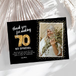 Modern 70th Adult Birthday Photo Thank You Card<br><div class="desc">Elegant seventieth birthday party thank you cards featuring a stylish black background that can be changed to any colour,  a photo of the birthday girl / boy,  gold sparkly glitter,  seventy gold hellium balloons,  and a modern thank you template that is easy to personalize.</div>