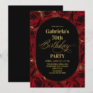 Modern 70th Birthday Elegant Black Gold Floral Invitation