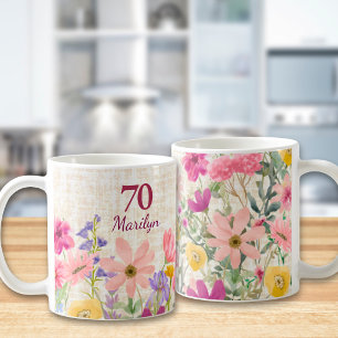 Modern 70th Birthday Gift for Her Floral Linen Coffee Mug