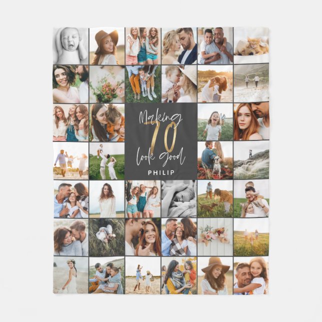 Modern 70th birthday multi photo script gift fleece blanket (Front)