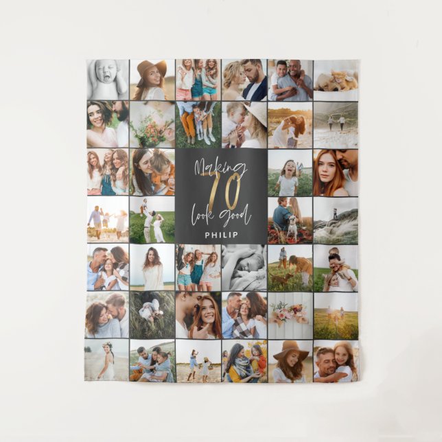 Modern 70th birthday multi photo script  tapestry (Front)