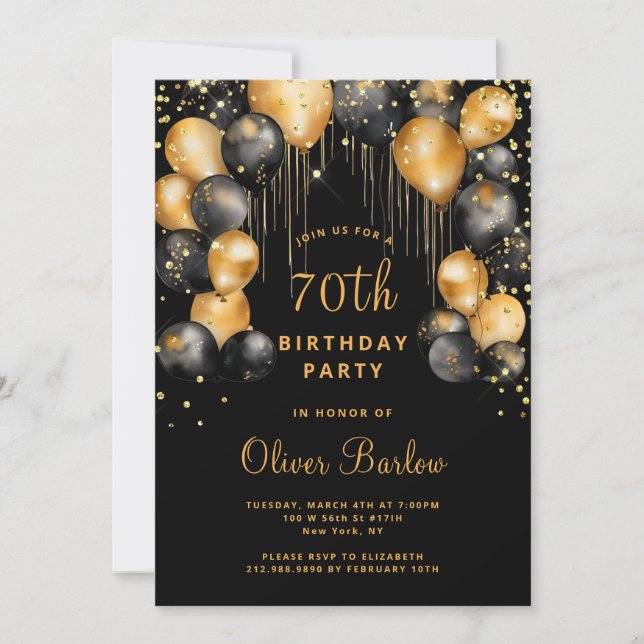 Modern 70th Birthday Party Black Gold  Invitation (Front)
