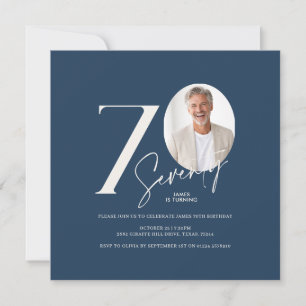 Modern 70th Birthday Photo Minimal Milestone Blue Invitation