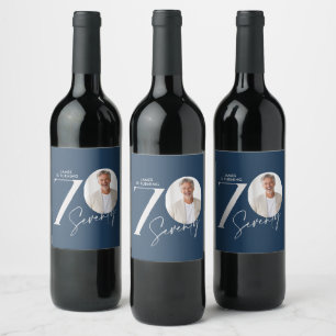 Modern 70th Birthday Photo Minimal Milestone Navy Wine Label
