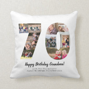 Modern 70th Number Photo Collage Custom Greeting Throw Pillow