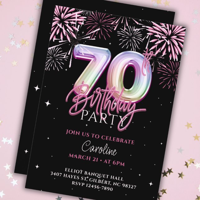 Modern 70th Pink Foil Balloon Fireworks Birthday Invitation (Creator Uploaded)