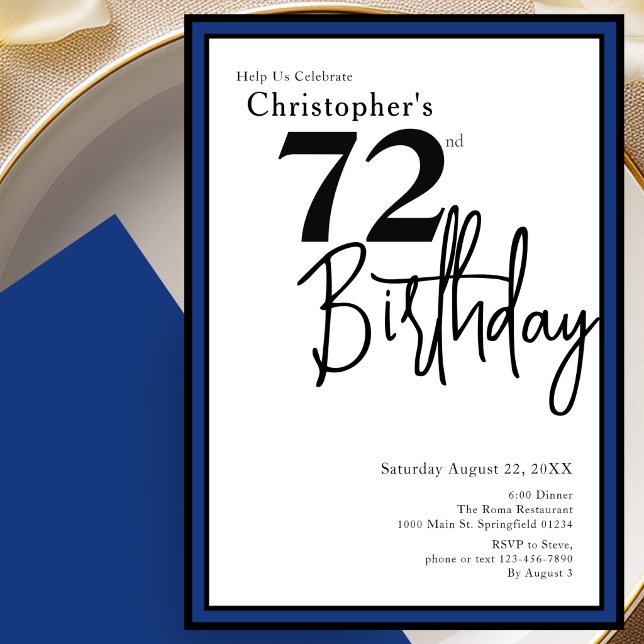 Modern 72nd Birthday Invitation Elegant Black Blue (Creator Uploaded)