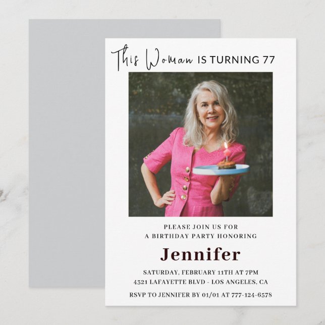 Modern 77th birthday invitations for her Photo (Front/Back)
