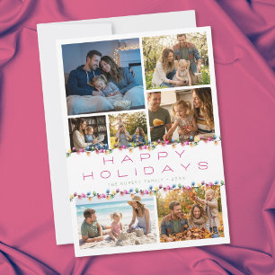 Modern 7 Photo Collage Happy Holidays Lights Holiday Card