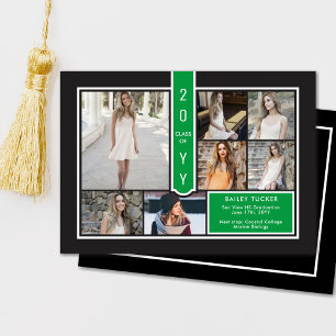 Modern 7-Photo College Green & Black Graduation Announcement