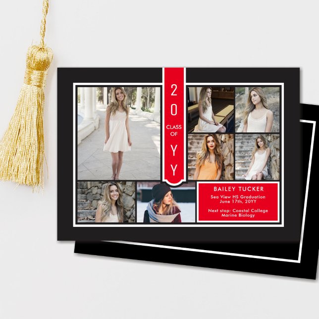 Modern 7-Photo College Red & Black Graduation Announcement (Creator Uploaded)