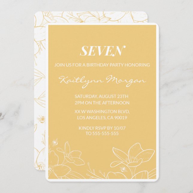 Modern 7th birthday invitations Floral Yellow (Front/Back)