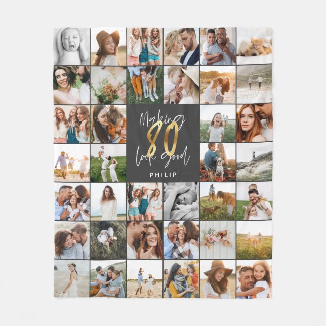 Modern 80th birthday multi photo script gift fleece blanket (Front)