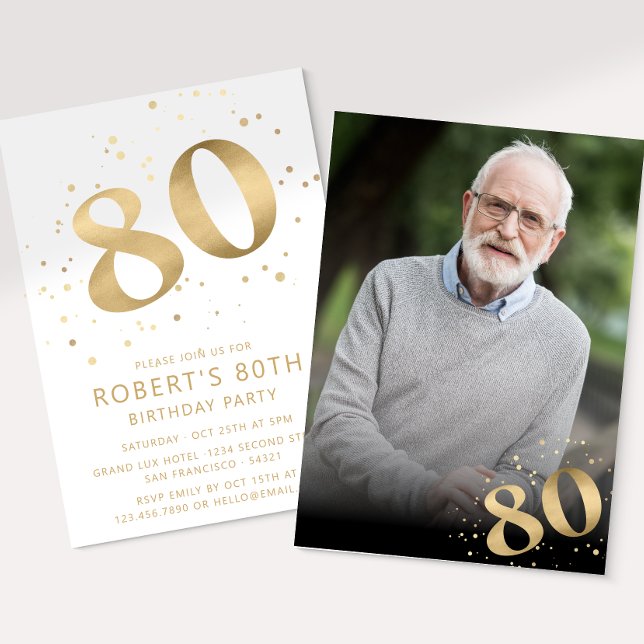 Modern 80th Eighty Birthday Photo Gold Glitter Invitation (Creator Uploaded)