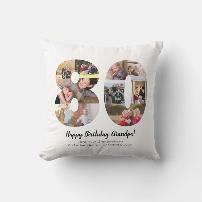 Modern 80th Number Photo Collage Custom Greeting Throw Pillow (Front)