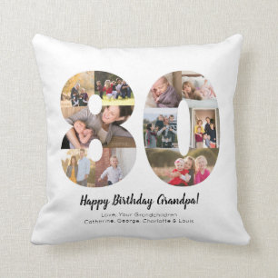 Modern 80th Number Photo Collage Custom Greeting Throw Pillow