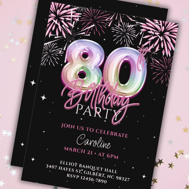 Modern 80th Pink Foil Balloon Fireworks Birthday Invitation (Creator Uploaded)