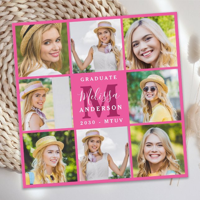 Modern 8 Photo Collage Pink Graduation Announcement (Creator Uploaded)