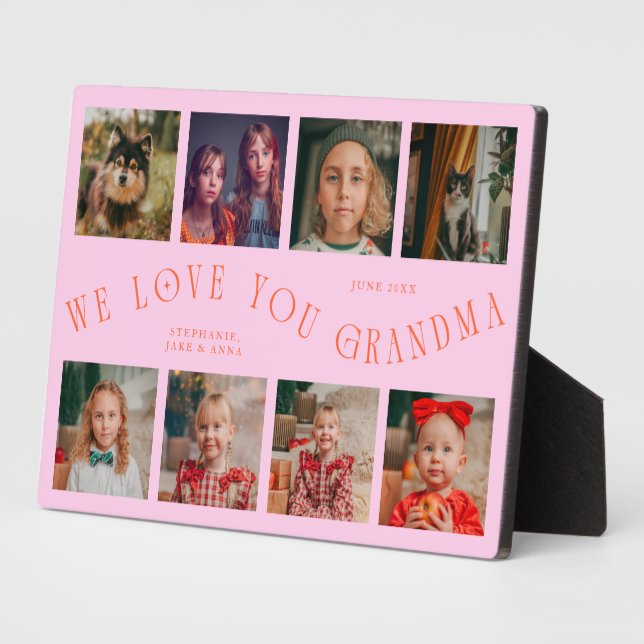 Modern 8 Photo Grid Love You Grandma Orange Pink Plaque (Side)