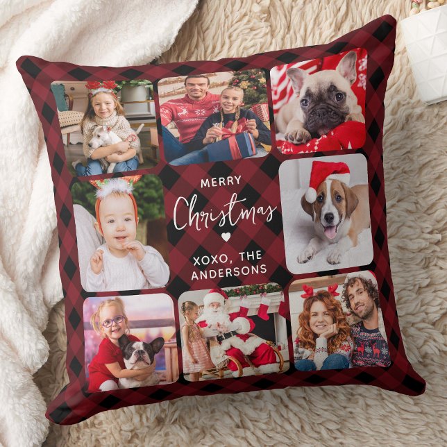 Modern 8 Photos Personalized Holiday Red Plaid Throw Pillow (Creator Uploaded)